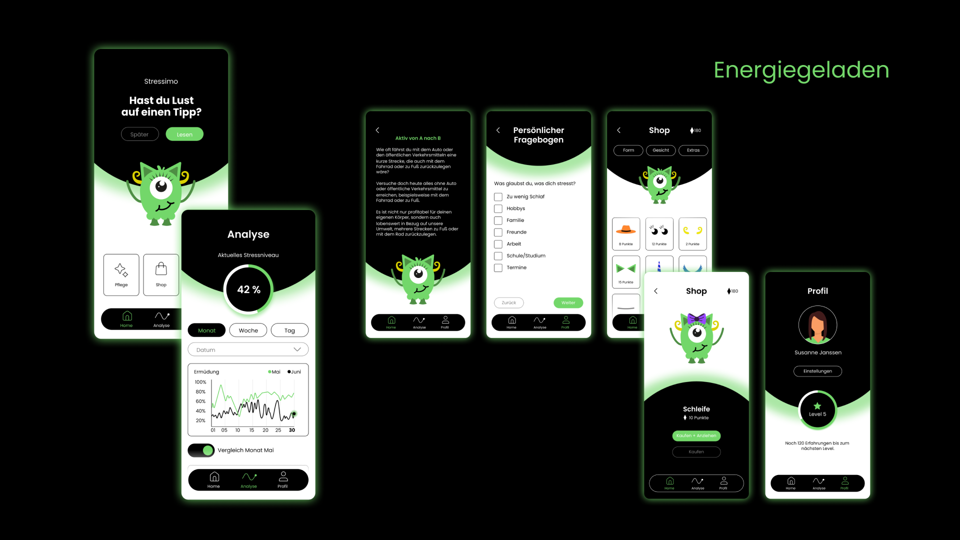 Stressimo App Übersicht Screens (Energiegeladenes Stressniveau)