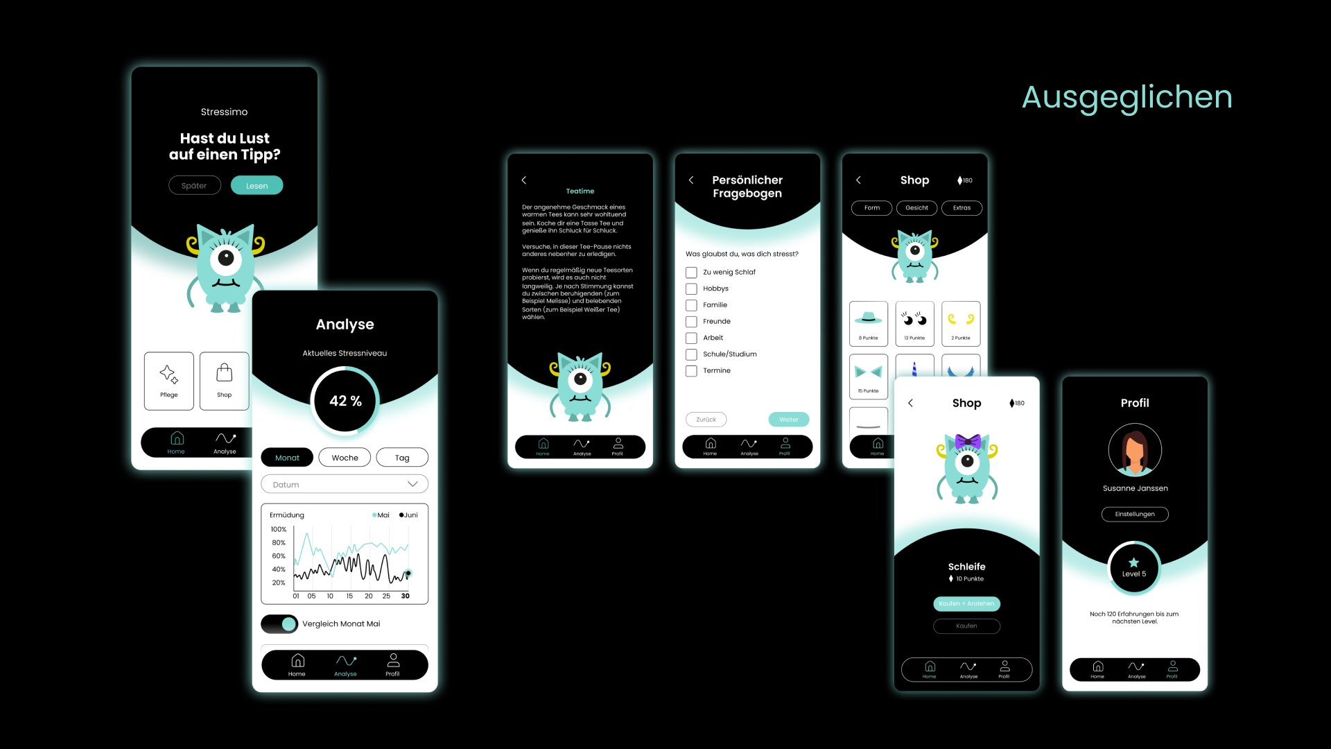 Stressimo App Übersicht Screens (Ausgeglichenes Stressniveau)