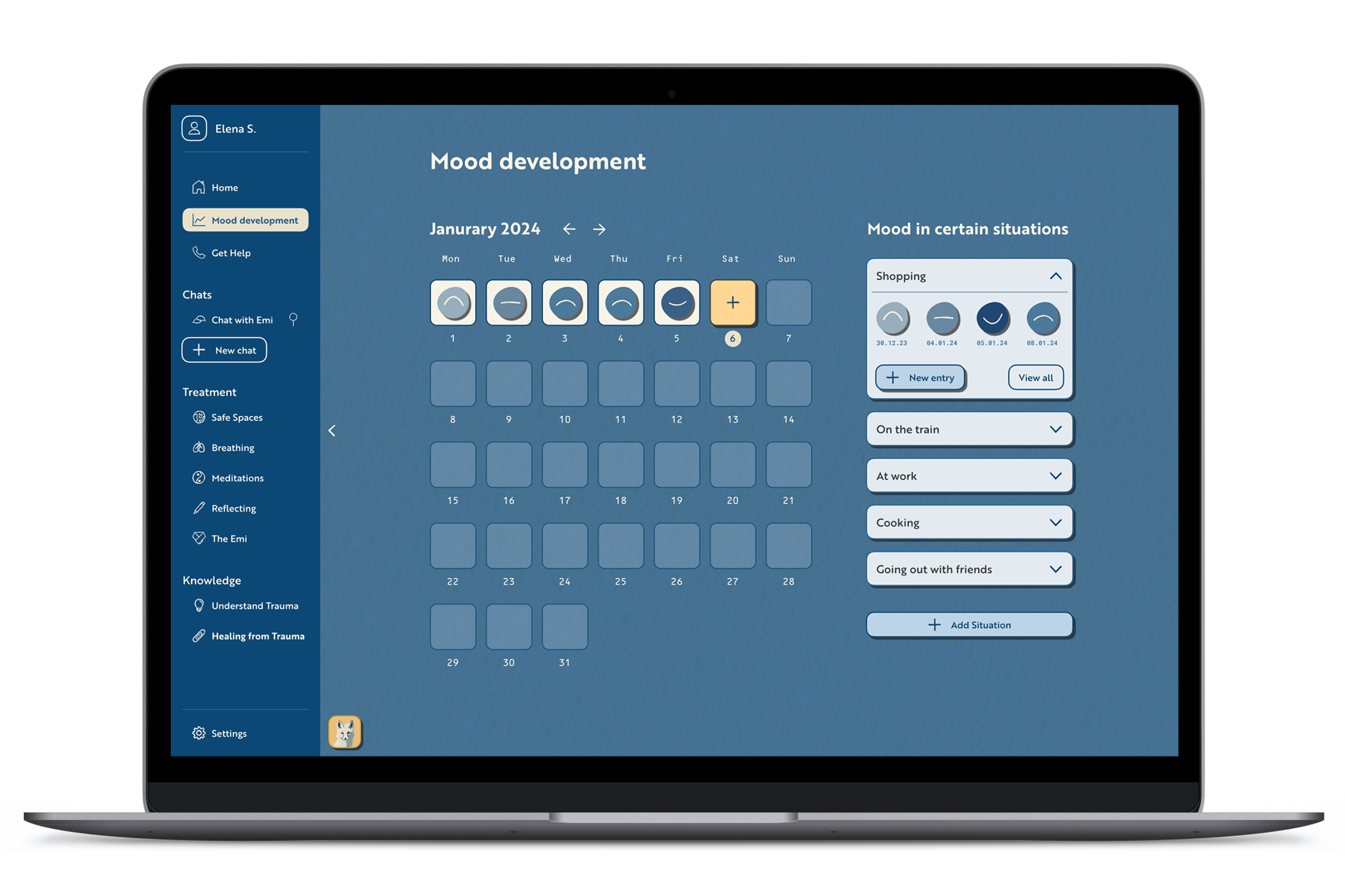 Desctop Application sceen: Mood tracking in a calendar and for certain situations